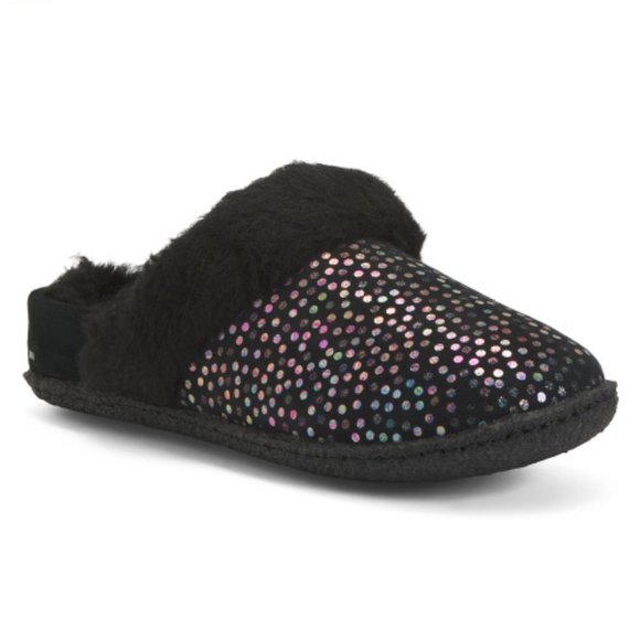 NIB‎ WOMEN'S SOREL METALLIC FUR SLIP ON SLIPPERS BLACK - Picture 1 of 8